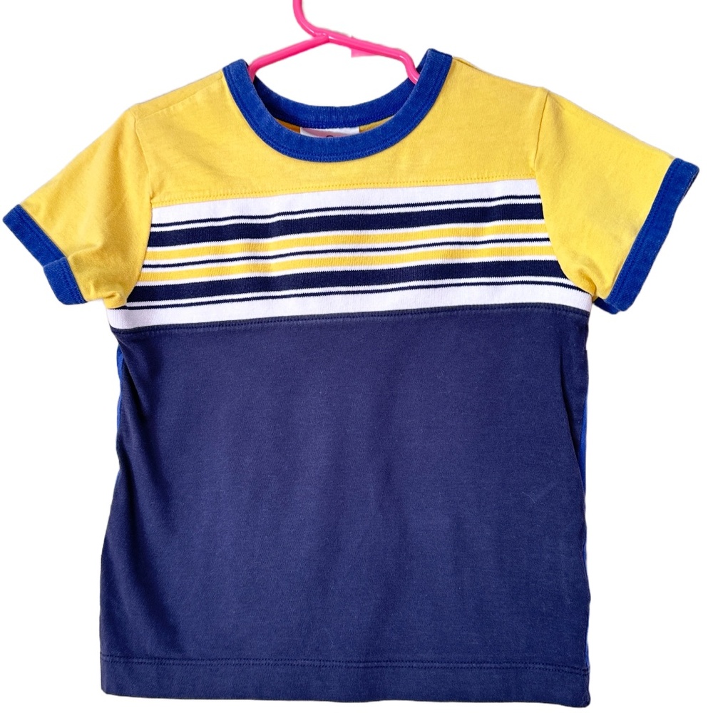 Hanna Andersson Boys Navy and Yellow Wide Striped Tee 3T